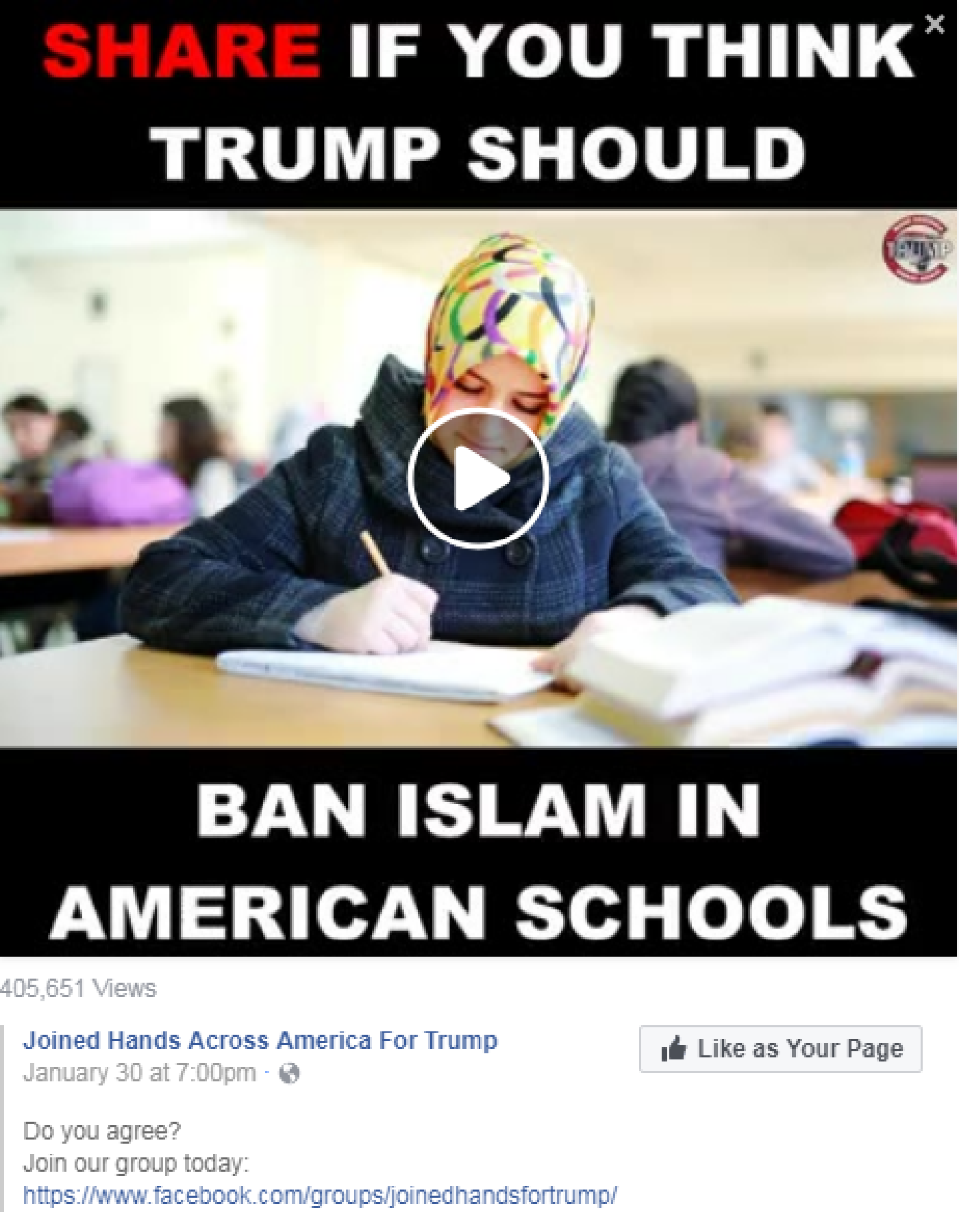 Ban Islam Facebook post